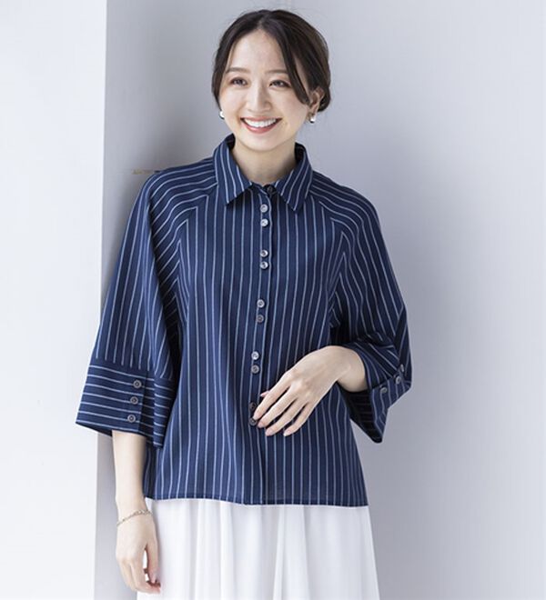 BELLUNA（ベルーナ）の「すっきり見えて体型隠しストライプワイドシャツ（シャツ）」｜詳細画像