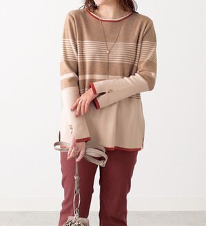 BELLUNA（ベルーナ）の「ボーダー柄袖フレアーニットプルオーバー（ニット・セーター）」｜ベージュ&times;アイボリー