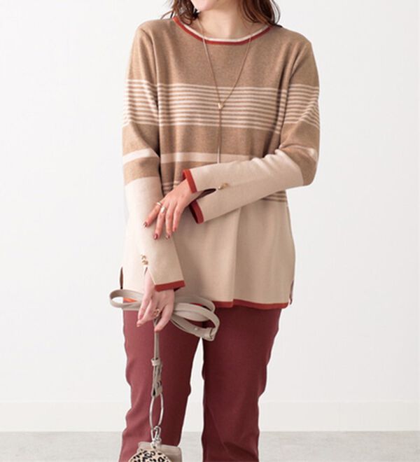 BELLUNA（ベルーナ）の「ボーダー柄袖フレアーニットプルオーバー（ニット・セーター）」｜ベージュ&times;アイボリー