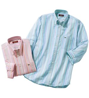 「【２色組】＜デコイ＞華やかマルチストライプ７分袖シャツ（メンズシャツ）」｜2色組