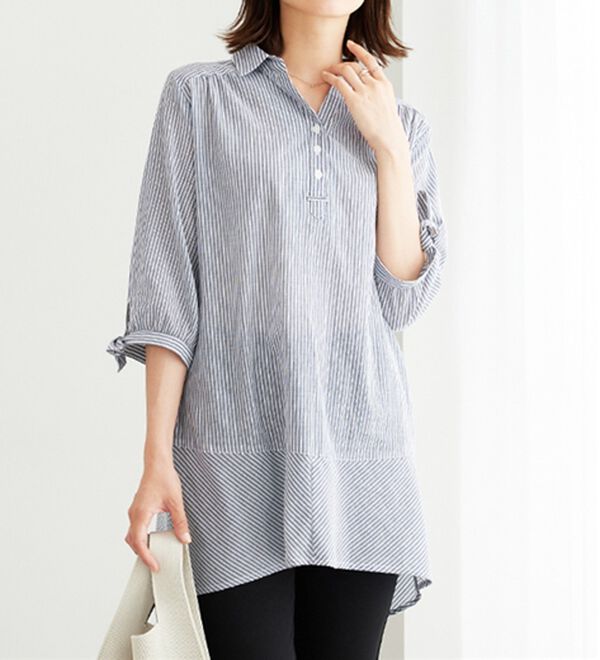 BELLUNA（ベルーナ）の「綿１００％ストライプ袖リボンチュニック（チュニック）」｜詳細画像