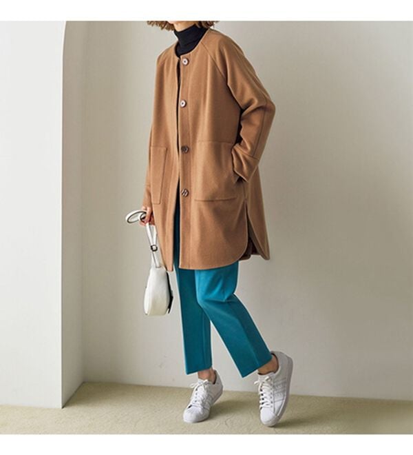 VINNO（ヴィノ）の「ウール調ノーカラーロングコート（ロングコート）」｜詳細画像