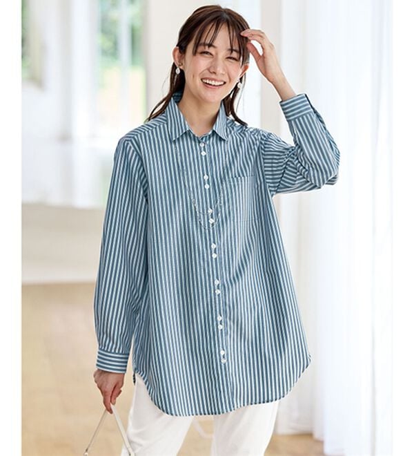 BELLUNA（ベルーナ）の「アイロンいらずの形態安定シャツ（シャツ）」｜ブルー系ストライプ