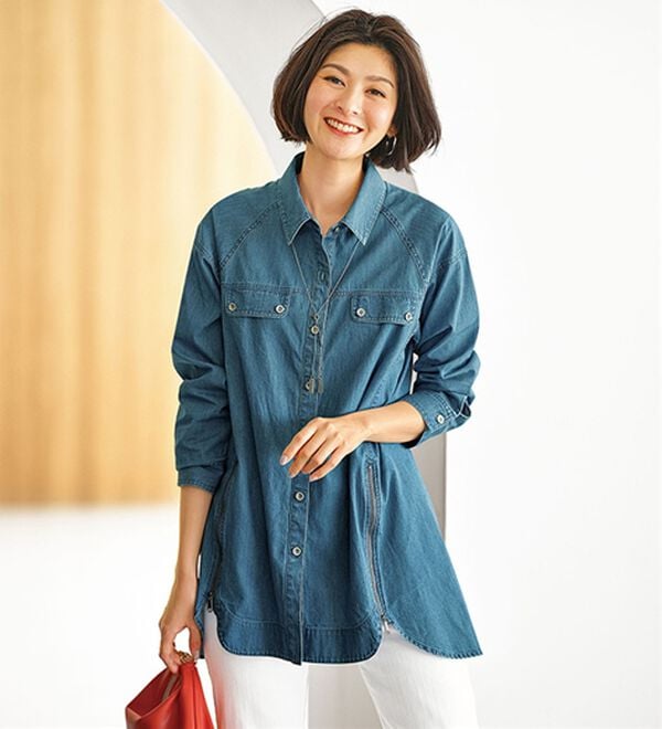 BELLUNA（ベルーナ）の「デニム素材ジッパー使いシャツチュニック（チュニック）」｜ケミカル