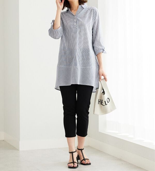 BELLUNA（ベルーナ）の「綿１００％ストライプ袖リボンチュニック（チュニック）」｜詳細画像