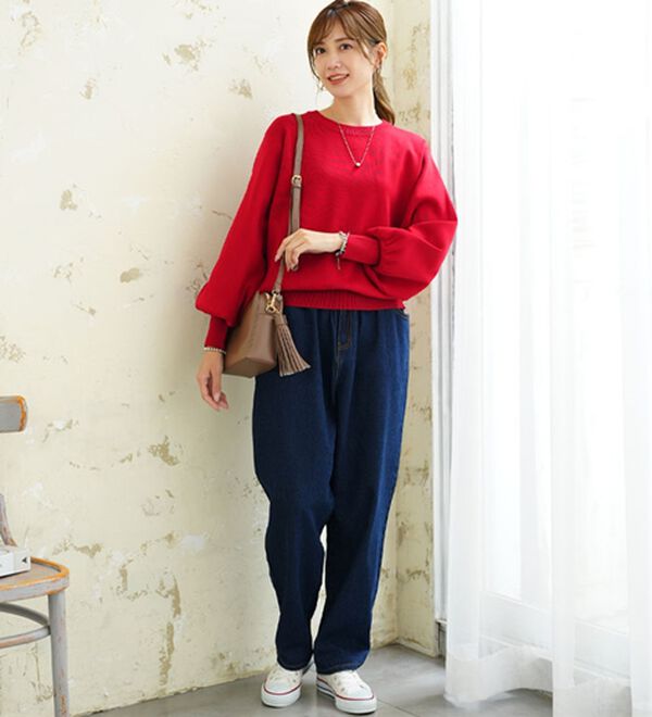 A HAPPY MARILYN（アハッピーマリリン）の「【Ｌ～６Ｌ】二の腕 激やせ ぽわん袖 ニット（ニット・セーター）」｜詳細画像