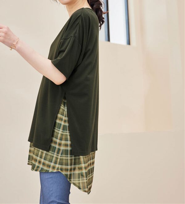 RANAN（ラナン）の「チェック柄異素材使いTシャツ（チュニック）」｜詳細画像