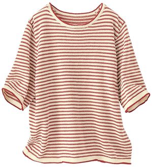 BELLUNA（ベルーナ）の「【小柄さん用】さらりと涼やかボーダーニットプルオーバー（ニット・セーター）」｜ベージュ／チェリー