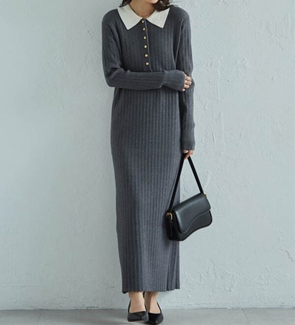 RANAN（ラナン）の「ポロカラーリブニットワンピース（ロングワンピース）」｜詳細画像