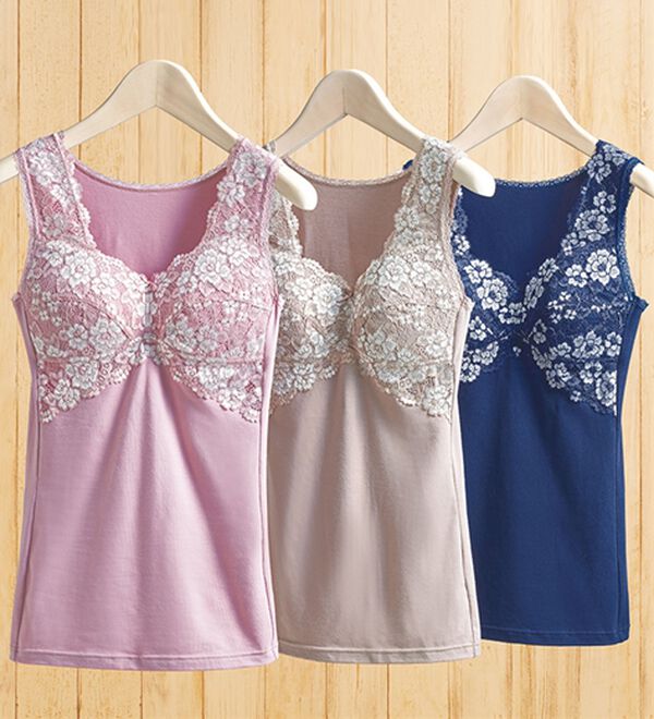 「【３色組】贅沢レースの綿混ブラキャミソール（肌着・インナーウェア）」｜3色組