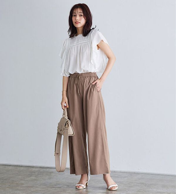 Pierrot（ピエロ）の「【選べる丈】ストレッチツイルワイドパンツ（ワイドパンツ・ガウチョ）」｜詳細画像