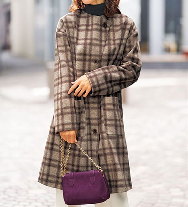 BELLUNA（ベルーナ）の「配色デザインウール調素材ノーカラーコート（ロングコート）」｜詳細画像