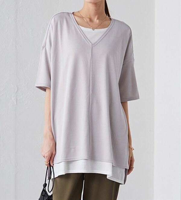 RANAN（ラナン）の「レイヤード風ニットソー半袖チュニック（チュニック）」｜詳細画像