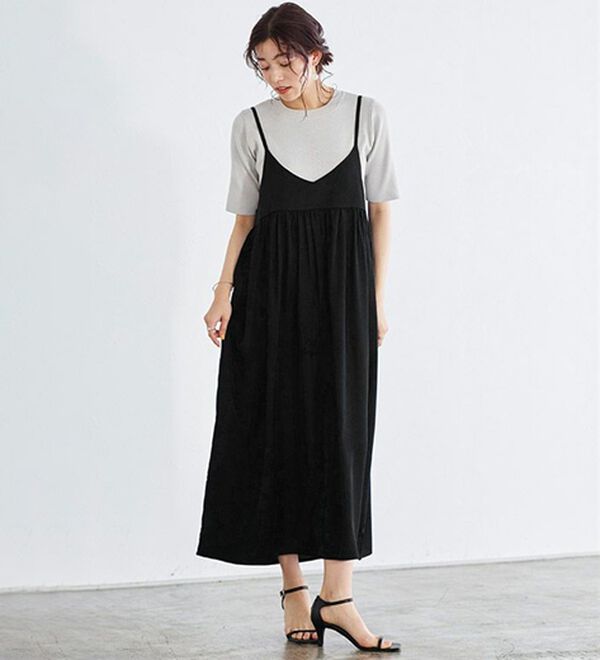 Pierrot（ピエロ）の「【選べる丈】前後２ｗａｙギャザー切り替えキャミワンピース（カットソーワンピース）」｜詳細画像