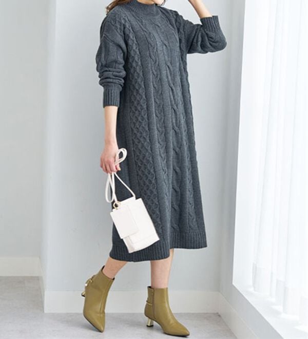 BELLUNA（ベルーナ）の「ケーブル柄ロング丈ニットワンピース（ニットワンピース）」｜詳細画像
