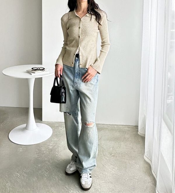 GeeRA（ジーラ）の「ゴールドボタンポロ衿リブニットトップス（ニットカーディガン）」｜詳細画像