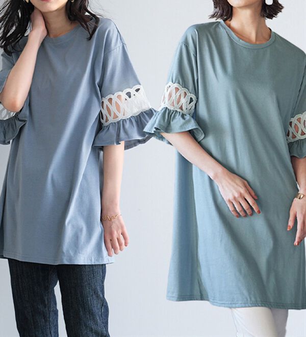 袖レース切替チュニックワンピース - ベルーナ【公式】