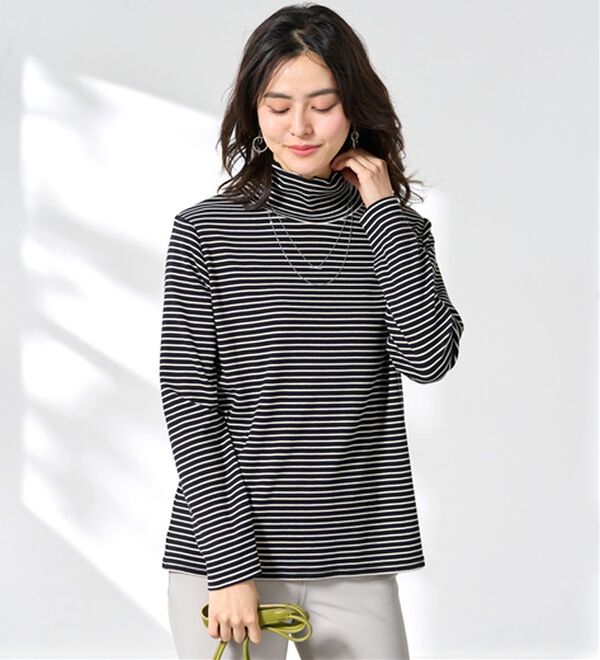 BELLUNA（ベルーナ）の「なめらか素材ハイネックボーダープルオーバー（カットソー）」｜詳細画像