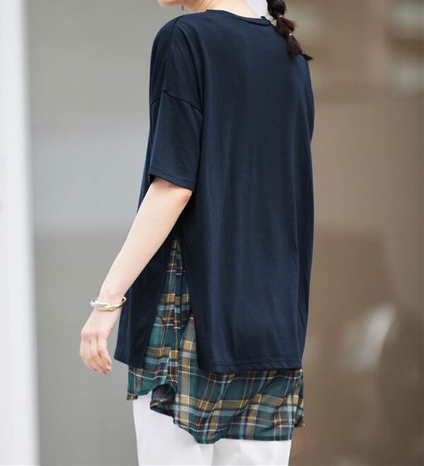 RANAN（ラナン）の「チェック柄異素材使いTシャツ（カットソー）」｜詳細画像