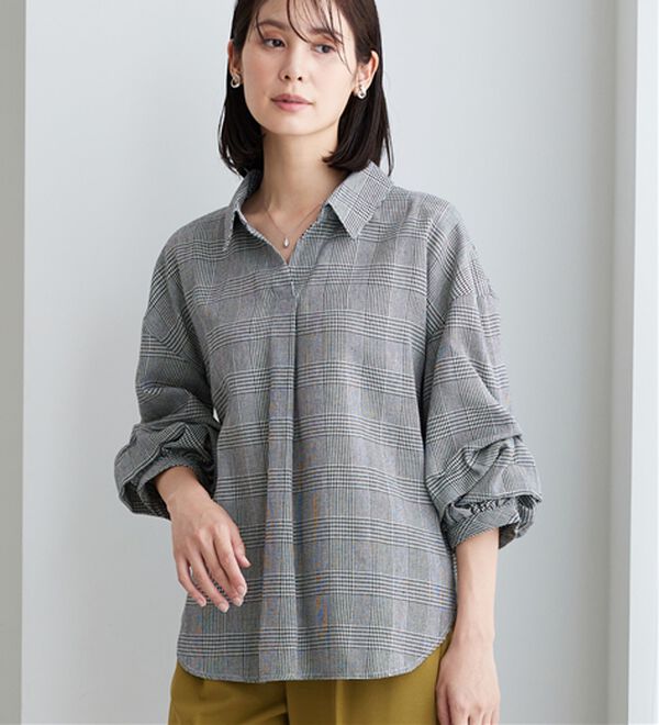 BELLUNA（ベルーナ）の「袖タックデザインスキッパーシャツ（シャツ）」｜グレンチェック