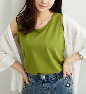 BELLUNA（ベルーナ）の「ヒンヤリ！綿１００％サマ見えタンクトップ（タンクトップ・キャミソール）」｜イエローグリーン