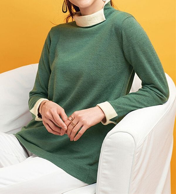 BELLUNA（ベルーナ）の「メリノウール１００％配色プルオーバー（ニット・セーター）」｜セージ