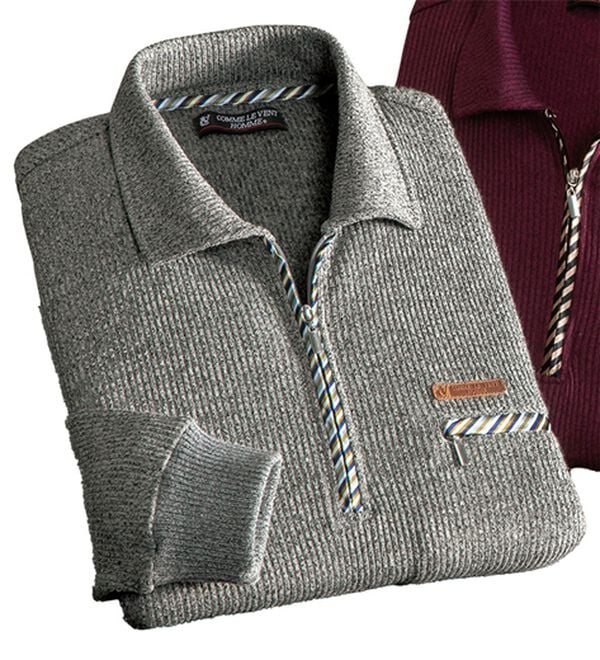 「＜コムルヴァン・オム＞着心地快適ミックス調ジップアップポロ（メンズポロシャツ）」｜杢グレー