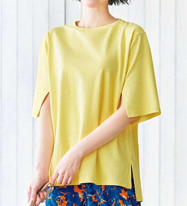 VINNO（ヴィノ）の「袖スリットデザイン超長綿ゆるＴシャツ（カットソー）」｜詳細画像