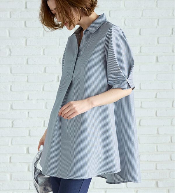 BELLUNA（ベルーナ）の「【接触冷感】麻調素材袖パール付シャツチュニック（チュニック）」｜ストライプ