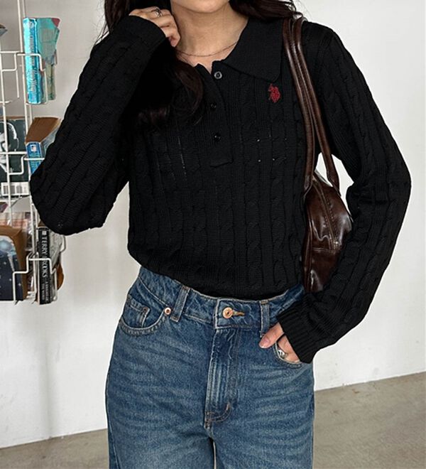 RANAN（ラナン）の「＜Ｕ．Ｓ．Ｐ＞刺繍長袖ケーブルポロニット（ニット・セーター）」｜詳細画像