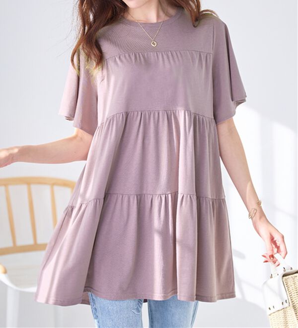 alotta（アロッタ）の「楽に可愛く！ふんわり綿混ティアードチュニック（チュニック）」｜ラベンダーグレー