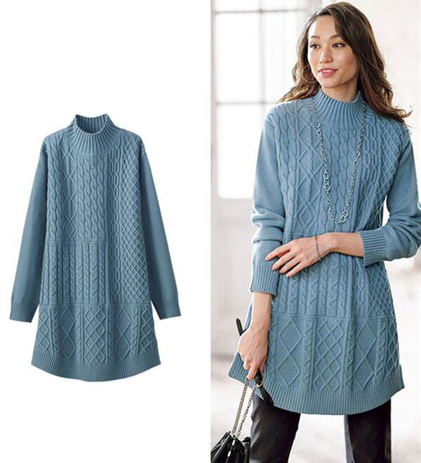 BELLUNA（ベルーナ）の「パッチワーク調ケーブル柄ニットチュニック（チュニック）」｜セージ