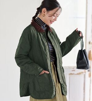 BELLUNA（ベルーナ）の「＜＆ｃｏｃｏｃｈｉ＞配色コーデュロイ衿中わたキルトコート（ハーフコート）」｜カーキ