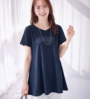 alotta（アロッタ）の「【接触冷感】細見え切替！ＡラインフレアチュニックＴシャツ（チュニック）」｜ネイビー