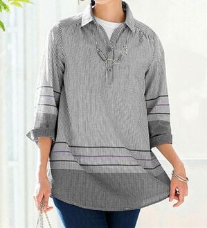 ルフラン（ルフラン）の「ストライプ&times;ギンガムの爽やかブラウス＜ロイル＞（シャツ）」｜チャコール系