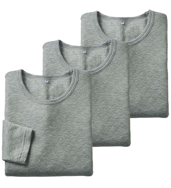 「【３枚組】丸編み仕様の軽ふわキルトインナー　長袖丸首（メンズ肌着・インナーウェア）」｜詳細画像