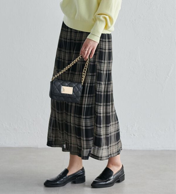 RANAN（ラナン）の「シフォンプリーツマキシスカート（ロングスカート）」｜ブラック系チェック