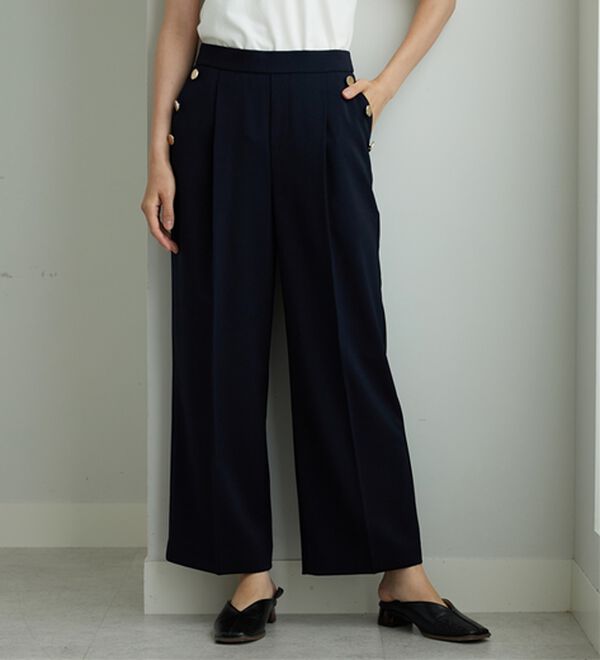 BELLUNA（ベルーナ）の「メランジストレッチ素材ワイドパンツ（ワイドパンツ・ガウチョ）」｜ネイビー