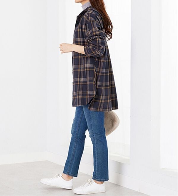 BELLUNA（ベルーナ）の「フード付チェック柄チュニックパーカー（パーカー）」｜詳細画像