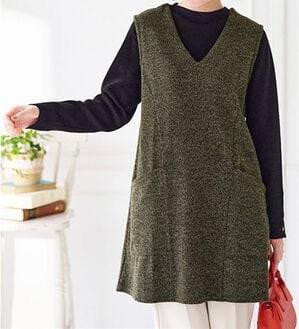 BELLUNA（ベルーナ）の「杢調素材ポケットデザインジャンパードレス（ジャンパースカート）」｜杢カーキ