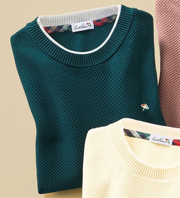 「＜アーノルド　パーマー＞立体編みレイヤードセーター（メンズニット・セーター）」｜ブルーグリーン