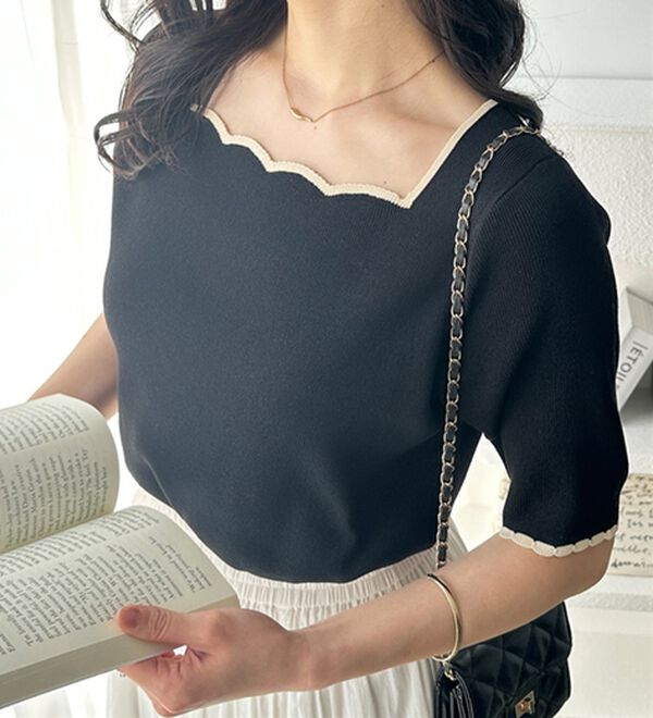 GeeRA（ジーラ）の「配色スカラップ５分袖ニット（ニット・セーター）」｜詳細画像