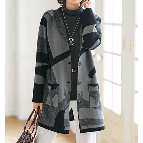 BELLUNA（ベルーナ）の「フードデザインニットジャカードコーディガン（ニットカーディガン）」｜詳細画像