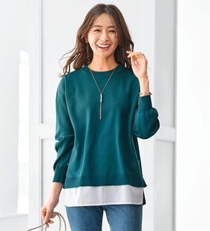 BELLUNA（ベルーナ）の「裾ボタン重ね着風ニットプルオーバー（ニット・セーター）」｜グリーン系
