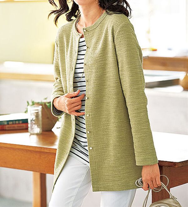 BELLUNA（ベルーナ）の「ツイード調カーデ&times;ボーダーアンサンブル（アンサンブル）」｜ライトグリーン