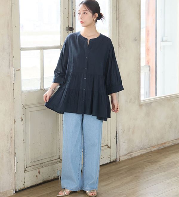 A HAPPY MARILYN（アハッピーマリリン）の「【Ｌ～６Ｌ】【風通るプレミアム】綿・楊柳七分袖ティアードブラウス（ブラウス）」｜詳細画像