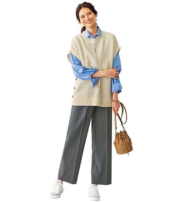 BELLUNA（ベルーナ）の「サマ見え（Ｓ）美脚タック使いワイドパンツ（ワイドパンツ・ガウチョ）」｜詳細画像