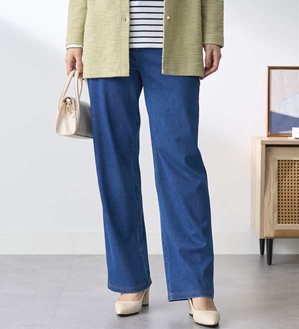 BELLUNA（ベルーナ）の「【選べる裏側】ぐん伸びニットデニムワイドパンツ（フルレングスパンツ）」｜ブルー
