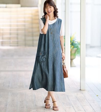 BELLUNA（ベルーナ）の「＜体型カバーが嬉しい！＞テンセル（ＴＭ）繊維・麻デニム切替ジャンパードレス（ジャンパースカート）」