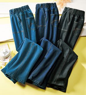 ルフラン（ルフラン）の「【３本組】配色ステッチ柔らかワイドデニム（ワイドパンツ・ガウチョ）」｜詳細画像